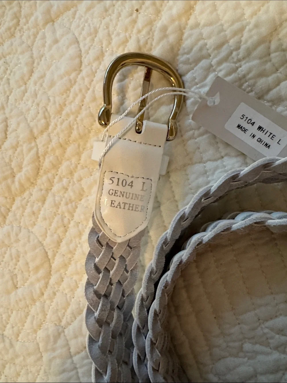 Braided White Leather Belt with Gold Buckle